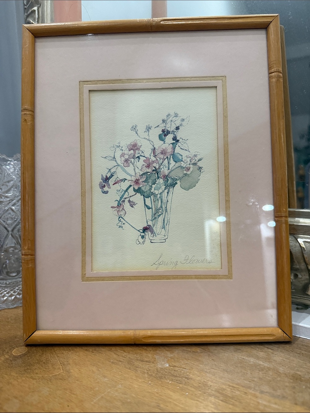 Bamboo frame floral water color Print with Pink Mat  vintage 8.5x11".  1